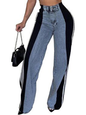 High-Waisted Wide Leg Denim Jeans with Stripe Patchwork - Loose Fit Women's